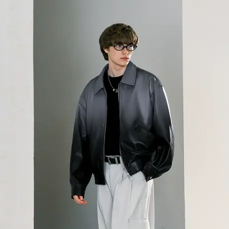 Lilbetter渐变设计感软糯PU皮夹克外套男秋季复古酷帅机车上衣潮商品大图