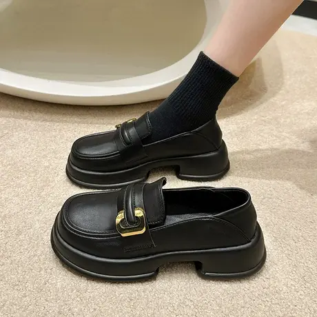 黑色小皮鞋女春秋2023新款软底单鞋厚底乐福鞋英伦风一脚蹬懒人鞋商品大图