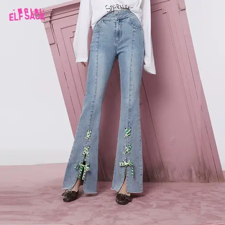 妖精的口袋高腰开叉喇叭裤牛仔裤女2023秋季新款显瘦设计感烟管裤图片