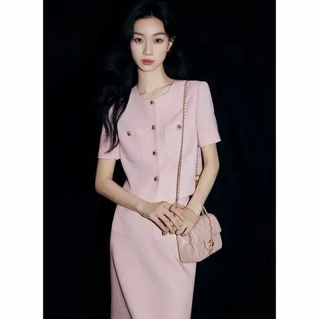 爵莱菲大码樱花粉小香风套装女小个子2025夏季新款半身裙短外套商品大图
