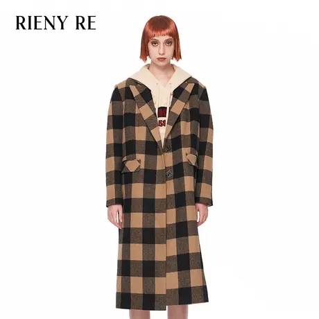 RIENYRE大衣女2023秋冬新款复古气质时尚通勤格纹翻领长款外套女图片