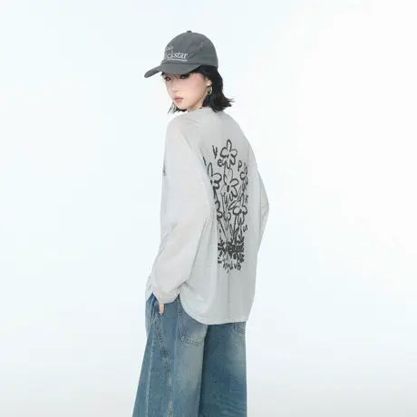 美式复古T恤女长袖夏季2025新款宽松轻薄微透防晒罩衫慵懒风上衣图片