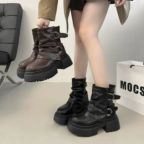 粗跟气质短筒靴女2025年新款秋季小个子增高马丁靴时尚百搭骑士靴商品大图