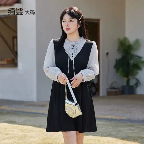 绮娑女装大码连衣裙长袖秋季新款法式假两件显瘦胖妹妹收腰A字裙商品大图