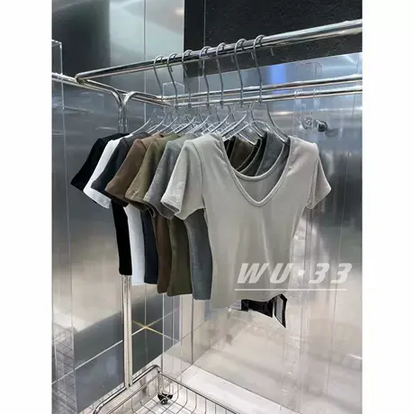 打底衫夏新款韩版两面穿显瘦短款t垫肩V领修身纯色短袖上衣图片