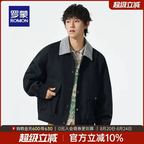 罗蒙男士撞色翻领工装夹克2025秋季新款宽松休闲短款外套日常上衣图片