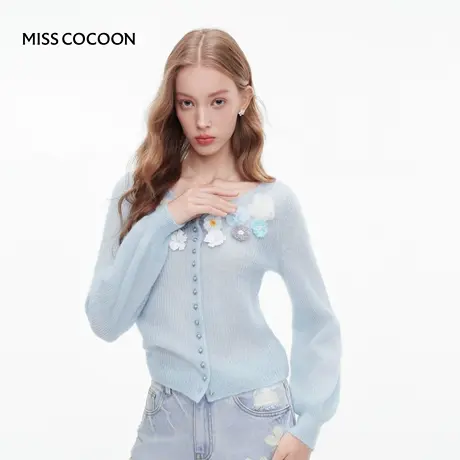 MISSCOCOON可可尼黄色开衫女2025秋季新款圆领立体花马海毛针织衫商品大图