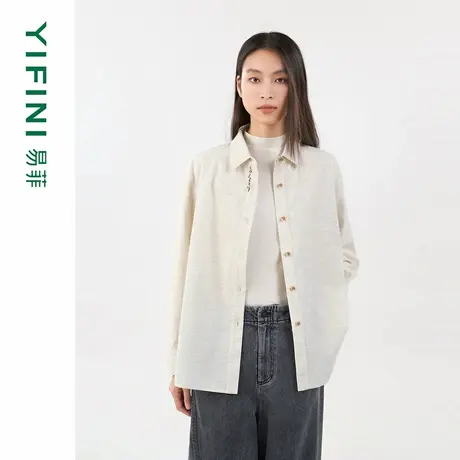 [专柜同款]Yifini/易菲纯棉条绒原白色手工绣宽松衬衫2025秋新款商品大图