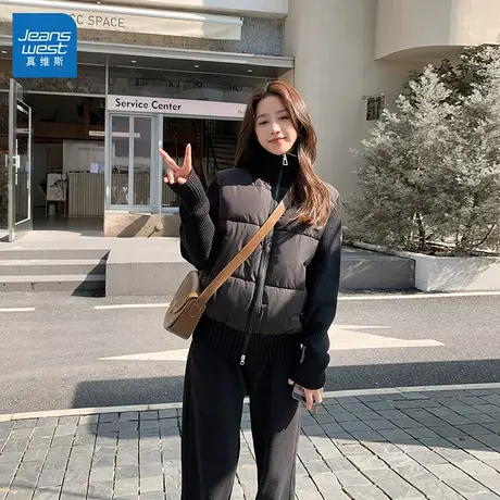 GL真维斯黑色短款棉服女2025新款冬季拼接棉袄外套小个子慵懒风女商品大图