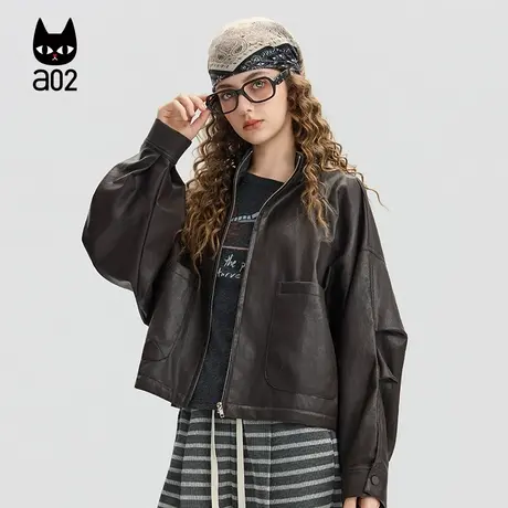 a02短款立领皮衣外套女2025新款秋季工装复古街头风夹克上衣商品大图