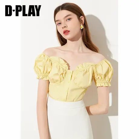 DPLAY德帕拉夏季款黄色短袖洋气荷叶边法式修身短款女上衣商品大图