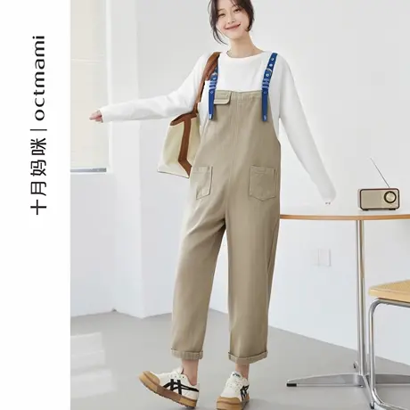 十月妈咪孕妇撞色肩带背带裤2025新款秋季外穿宽松大码百搭休闲裤商品大图