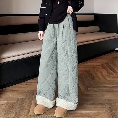 唐狮秋冬休闲长裤女加厚保暖脚口拼接仿羊羔毛防寒直筒裤棉裤tuTA图片