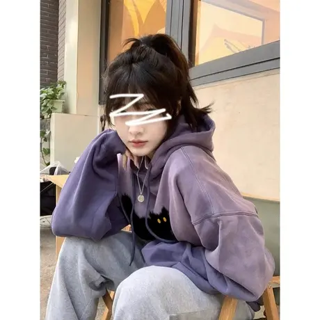 连帽渐变紫卫衣女秋冬加绒加厚oversize潮牌宽松慵懒风外套上衣服商品大图