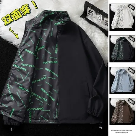 满印两面穿外套男款春秋季潮牌痞帅宽松大码韩版潮流运动休闲夹克商品大图