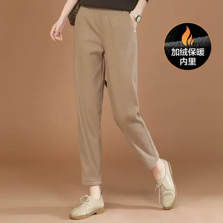 新品8.5折】松紧腰卡其色加绒休闲裤女直筒工装长裤子厚图片