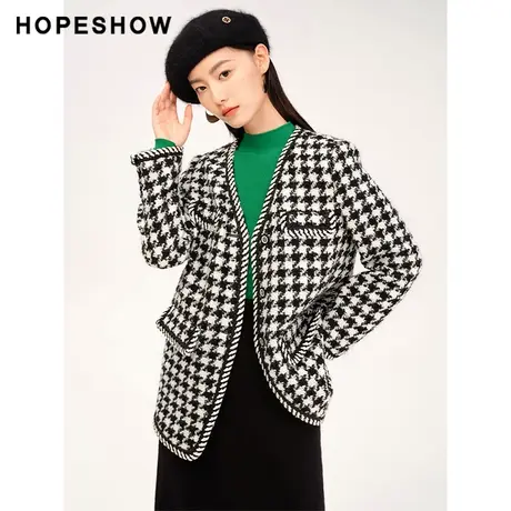 红袖outlets复古千鸟格V领外套hopeshow2023冬款小个子高级感穿搭商品大图