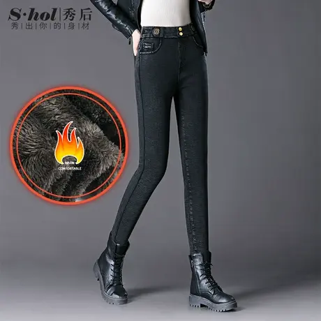 秀后棉弹雪花加绒牛仔裤女高腰弹力显瘦小脚裤修身百搭保暖铅笔裤图片