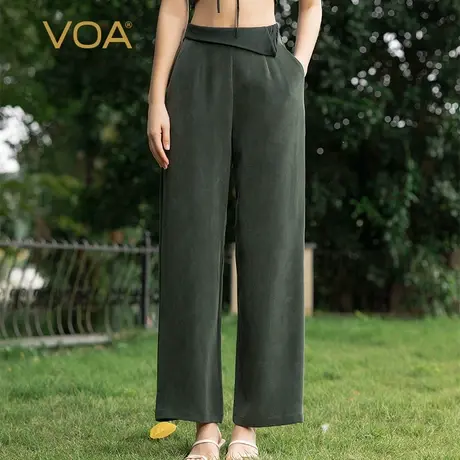 VOA40姆米重磅真丝墨绿色后腰松紧不对称设计简约亲肤百搭直筒裤商品大图