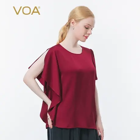 VOA真丝重磅暗红色圆领不对称短袖立体活页优雅宽松T桑蚕丝恤衫图片