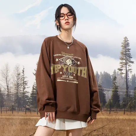 YEP春秋美式复古卫衣女hiphop原创小众潮牌oversize宽松圆领欧美商品大图