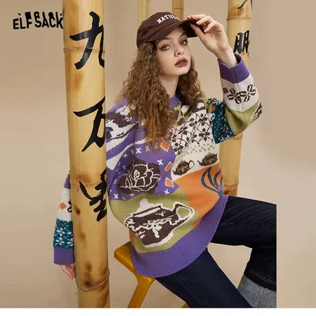 妖精的口袋老花拼色套头毛衣女2022秋冬季新款小众设计感软糯宽松商品大图