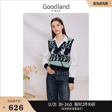 [假两件]Goodland美地女装2023秋季图案提花衬衫领针织衫上衣图片