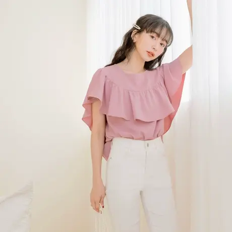 桔熊夏季韩版浪漫凉爽感荷叶领纯色雪纺衫短袖上衣女大码AB17080商品大图