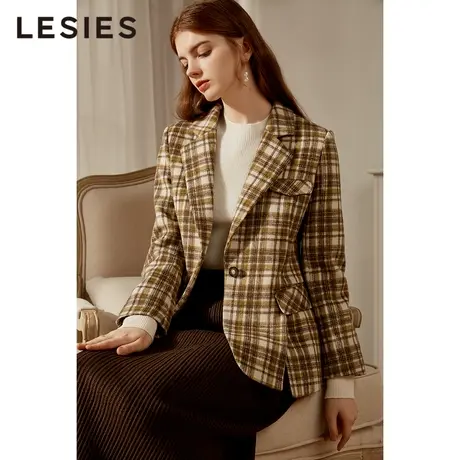 蓝色倾情秋冬季女装复古格子修身气质长袖羊毛呢子短款小西装外套图片