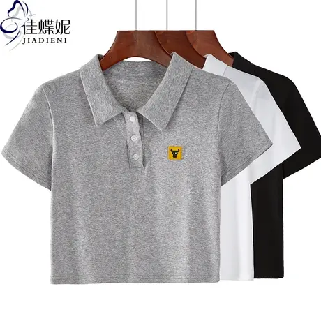 夏季新款立领修身短款纯棉牛头图案短袖体恤上衣纯色韩版女装商品大图