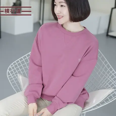 胖MM春装纯色圆领套头英文字母刺绣卫衣2024新款长袖上衣女装韩版商品大图