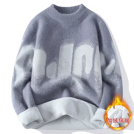 毛衣男水貂加绒加厚秋冬季款圆领潮牌字母情侣线衣宽松打底针织衫商品大图