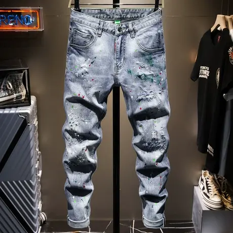 春夏款香港潮牌牛仔裤男直筒宽松男士休闲长裤子男生破洞乞丐裤男图片