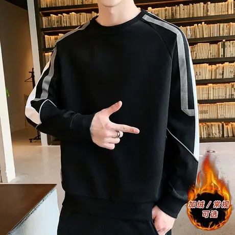 春秋季潮牌圆领黑色卫衣男韩版潮流宽松条纹青少年学生秋装上衣服商品大图