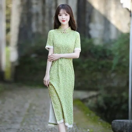 筠雅旗袍2022年新款改良棉麻连衣裙中国风中长款修身显瘦复古女装商品大图