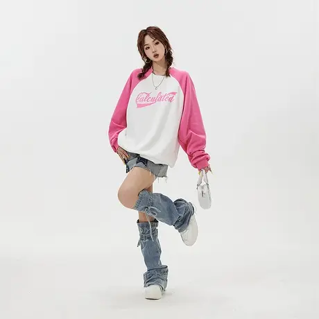 美式复古插肩袖卫衣女春秋2023新款无帽拼接潮牌宽松oversize上衣商品大图