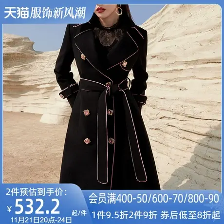 AUI欧洲站黑色中长款修身毛呢外套女2024冬新款名媛气质呢子大衣商品大图