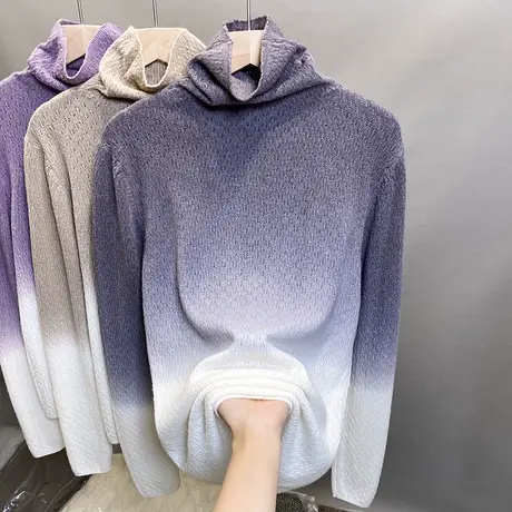 高领毛衣女渐变色打底衫2023秋冬新款针织衫内搭镂空堆堆领上衣潮图片