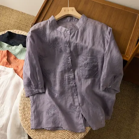 享永子中袖苎麻衬衫女文艺复古刺绣棉麻上衣宽松显瘦2024夏季新款图片