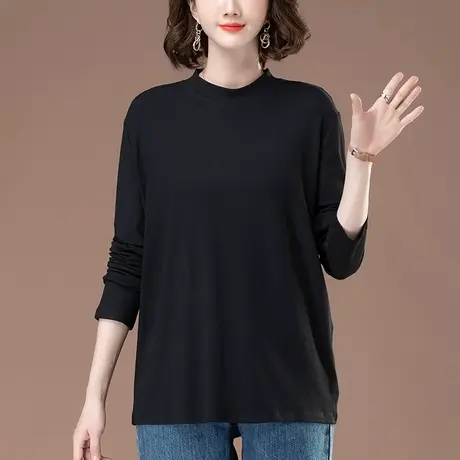 长袖T恤女春秋季宽松加肥加大码女装中老年妈妈纯色半高领打底衫图片