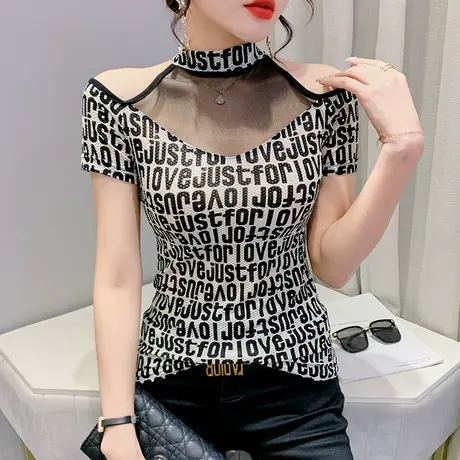 欧货性感露肩短袖T恤女2024夏季新款洋气印花网纱上衣紧身小衫潮商品大图