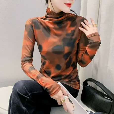 设计感扎染印花上衣气质减龄网纱半高领打底衫洋气修身T恤女长袖商品大图