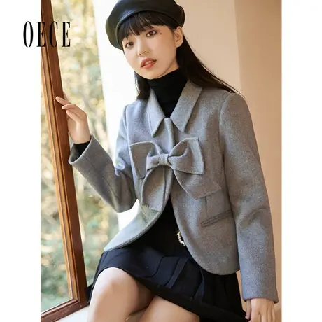 Oece复古毛呢外套冬新款女气质设计感蝴蝶结呢大衣商品大图