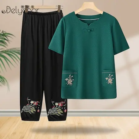 奶奶夏季短袖套装中老年女装妈妈T恤上衣老人衣服宽松薄款两件套商品大图