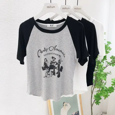 欧货时尚复古插肩袖T恤2022夏季甜辣妹短款上衣设计感小众短袖潮图片