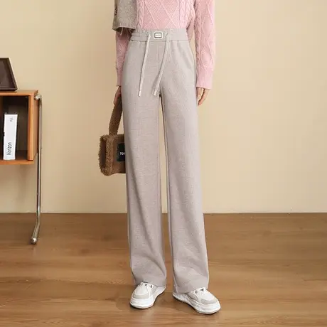 2023新款羊毛呢阔腿裤秋冬女松紧高腰宽松坠感直筒裤休闲厚款长裤商品大图