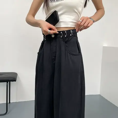 设计感黑色窄版天丝阔腿牛仔裤女春夏薄款宽松高腰直筒垂感拖地裤商品大图