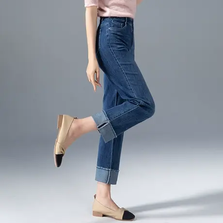 窄版卷边直筒牛仔裤女2024年新款夏季薄款高腰翻边烟管裤九分裤子图片