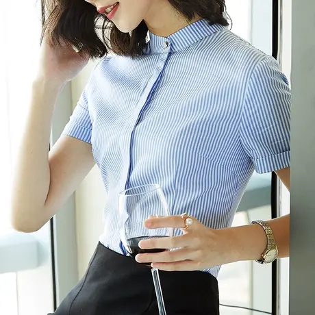 2023夏装新款纯棉短袖条纹立领衬衫女职业显瘦蓝白竖条纹全棉上衣商品大图