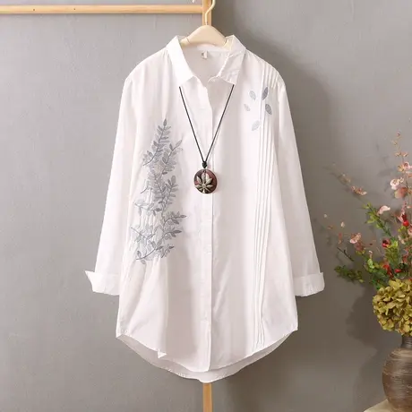 2024春装新品中长款树叶刺绣纯棉白衬衣女长袖绣花衬衫开衫打底衫图片